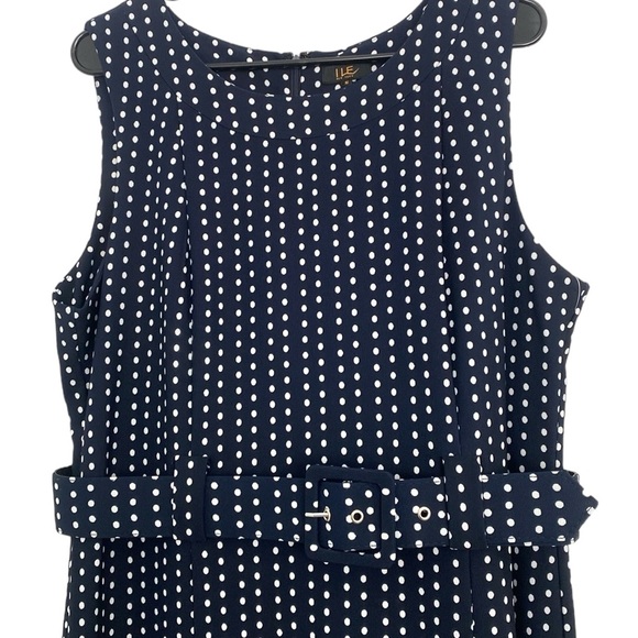 ILE NY Sleeveless Navy Yellow Polkadot Belted Dress - Picture 2 of 8